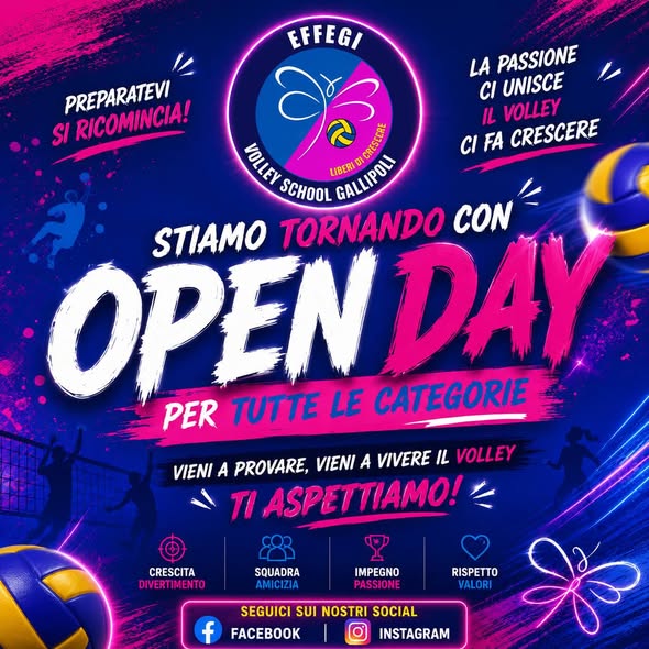 Locandina dell'Open Day Effegi Volley School per tutte le categorie