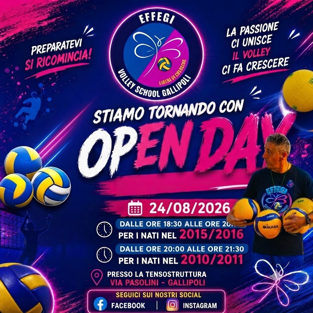 Locandina dell'Open Day Effegi Volley School Gallipoli del 24 agosto 2026 presso la tensostruttura di Via Pasolini
